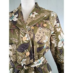 Patty Kim Quilted Jacket Medium Dark Green Floral Belted Cotton Lightweight Boho
